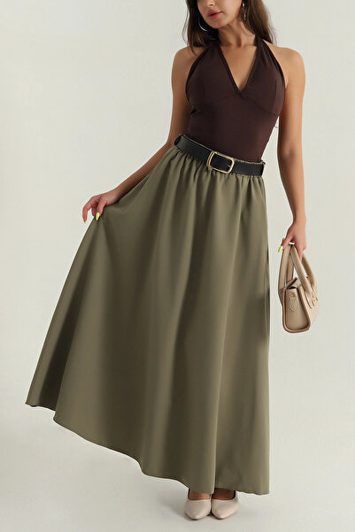 VıoShıne Kadın Kemerli Beli Lastikli Cepli Liza Kumaş Etek