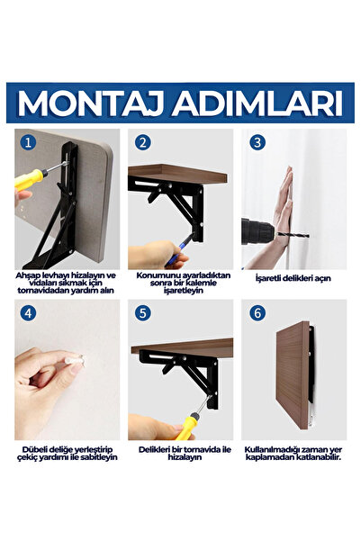 HOBİDABİ 40 cm Siyah 1 Takım Mandallı Katlanabilir Masa Konsolu - Aç Kapa Duvara Monte Katlanır L Raf Ayağı