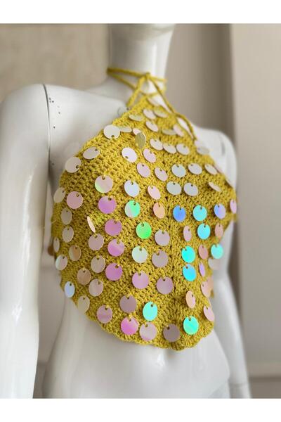 gül sezgin butik Women's Hand-Knitted Sequin Design Bustier and Hair Accessory