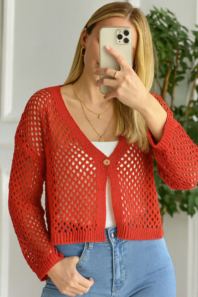 Minora bumbac 100% Cardigan pentru femei tricotaj cu aspect dantelat portocaliu