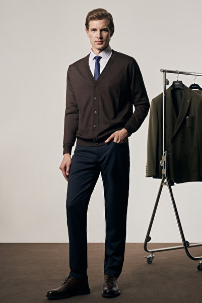 İmza Dark Brown V-Neck Pocketless Comfort Fit Classic Cotton Knitwear Cardigan 1012255016