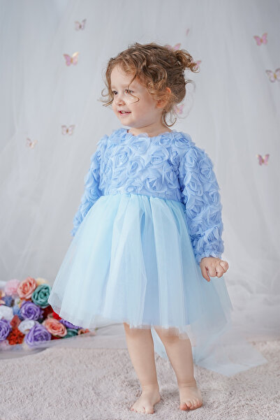 ALYRA Kız Bebek Elbise Uzun Kollu Fiyonklu Güllü Doğum Günü Parti Düğün Özel Gün Abiye Kız Çocuk Elbise