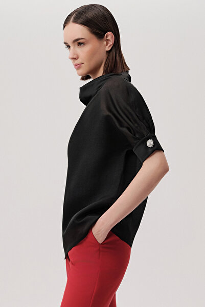 Exquise Short Sleeve Lined High Neck Flowy Collar Regular Organza Black Blouse