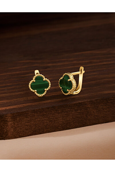 Roza Silver 925 Ayar Yeşil Kaplangözü Taşlı Gold Yonca Gümüş Küpe