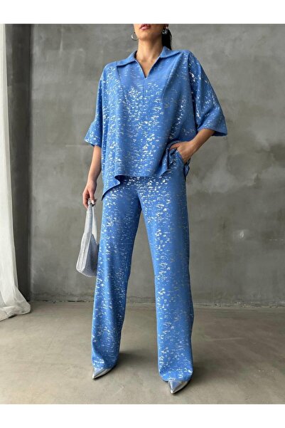 Asil Acar Home Varakli Blue Shirt Pants Set Blue