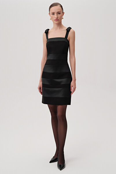 Exquise Thick Strap Slim Fit Satin Garnished Mini Black Dress