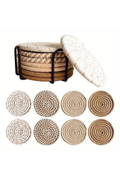 Choice مجموعة من 8 قطع من قواعد الأكواب الماصة للمشروبات مع حامل، مصنوعة من نسيج لتزيين المنزل