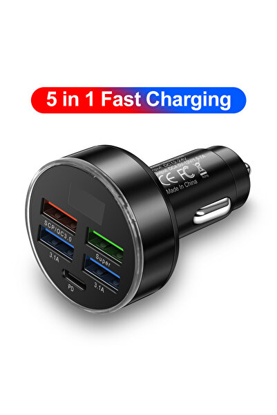 Choice G44 Black 5 Ports Fast Charge PD QC3.0 USB C 250W LED Car Charger Car Phone Charger Type C Adapter i