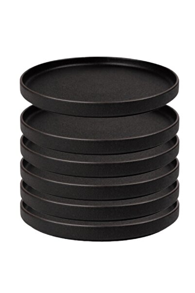 Culinaro Set 6 Farfurii intinse ceramica cu margine BLACK CERAMIC, D21xh2cm, neagra