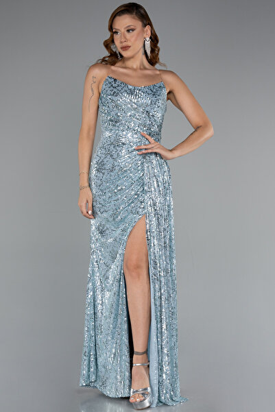 Abiyefon Mint Straplez Yırtmaçlı Uzun Pullu Abiye Elbise ABU5167