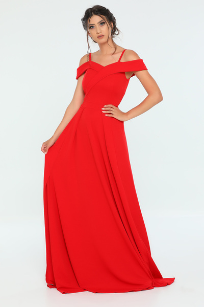 lovebox Kırmızı Askılı Kruvaze Yaka Pileli Yırtmaç Detaylı Abiye Mezuniyet Elbisesi 078