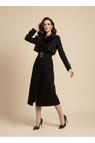 1Moda1Tarz İthal Kumaştan Taş İşleme Gül Detay İçi Leopar Desen Astarlı Bel Ve Kol Taşlı Kemer Tasarım Trençkot