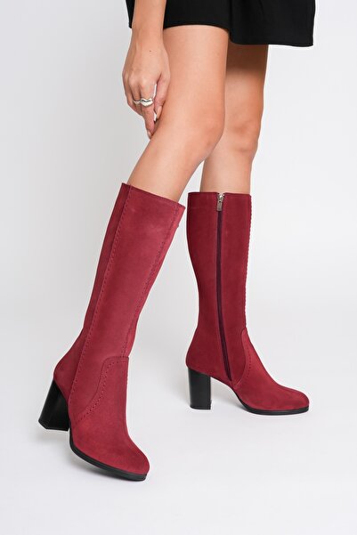 ANALİN SHOES Női valódi bőr sarkú velúr csizma - bordó