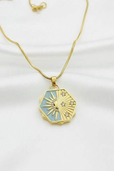 özgül takı ve tasarım Stainless Steel Gold Color Turquoise Enamel Sun and Star Themed Locket Women Necklace