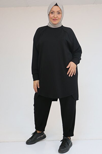 Eslina 47093 Σετ Modal με φούστα μεγάλου μεγέθους και παντελόνι με λεπτομέρεια - Μαύρο