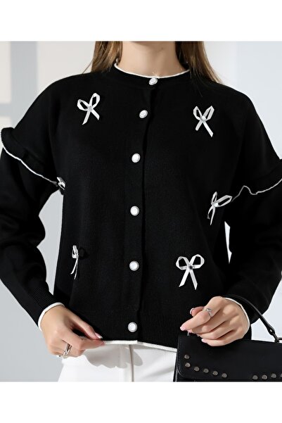 MODA Bow Detailed Ruffled Knitwear Skirt Top Crop Cardigan