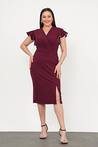 YESENİA Women's Plus Size Double Breasted Collar Sleeve Stone Detailed Slit M...