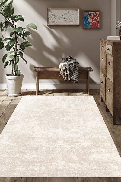 Emiroğlu Krem Peluş Desen Kaymaz Taban Yuvarlak Salon ve Oda Halısı – Yıkanabilir, Şık ve Konforlu Tasarım