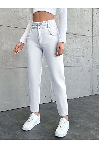 SHEVEGA Women's White Belted Elastic Mom Jeans Pants