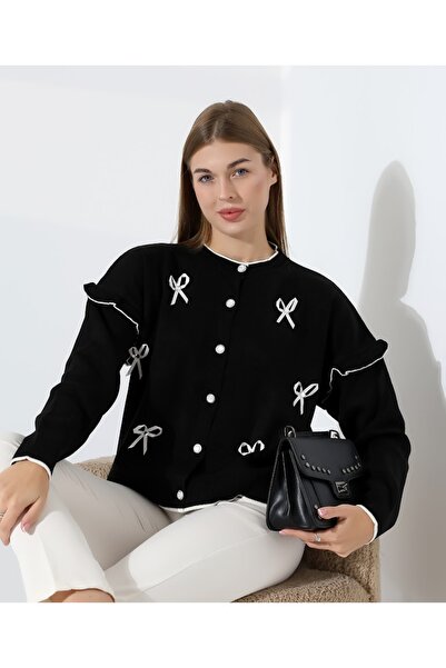 MODA Bow Detailed Ruffled Knitwear Skirt Top Crop Cardigan