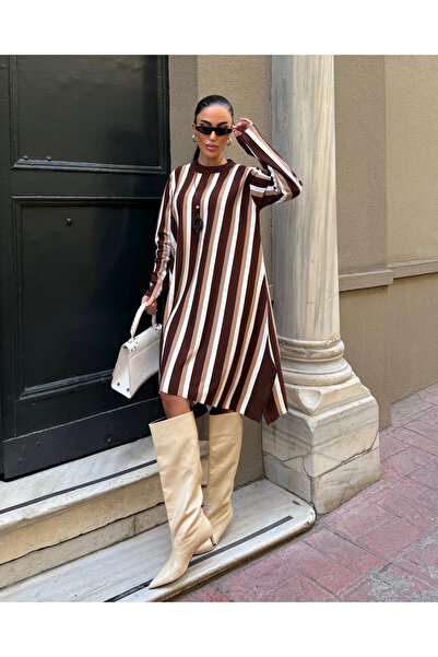 Fav Style Women's Crew Neck Long Sleeve Asymmetrical Hem Striped Loose Short Knit Dress Brown