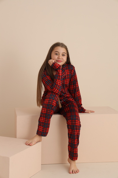 rindahomewear Kız Çocuk Yakalı Önü Düğmeli Pijama Takımı
