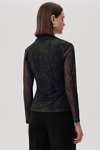Exquise Snake Pattern Double Breasted Long Sleeve Slim Fit Tulle Green Blouse