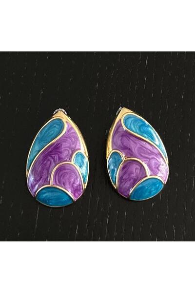 julee.co Vintage Mor ve Mavi Mineli Damla Küpe(3,3x2,2cm)