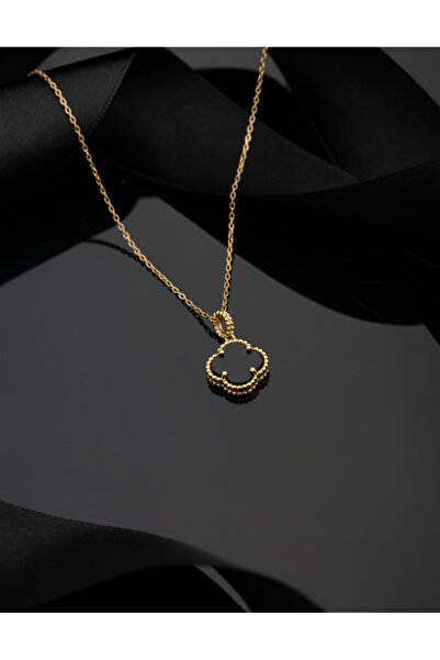 Roza Silver 925 Ayar Oniks Taşlı Gold Yonca Gümüş Kolye