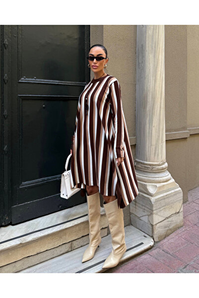 Fav Style Women's Crew Neck Long Sleeve Asymmetrical Hem Striped Loose Short Knit Dress Brown