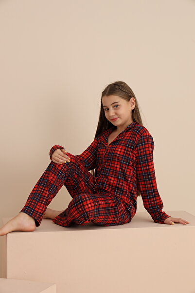 rindahomewear Kız Çocuk Yakalı Önü Düğmeli Pijama Takımı