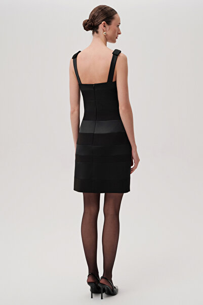 Exquise Thick Strap Slim Fit Satin Garnished Mini Black Dress