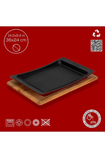 Lava Döküm Dikdörtgen Servis Tabağı ve Kayın Servis Ahşabı. Ölçü 36x24cm.-Bordo