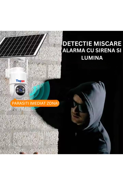 Taggo Cameră de supraveghere 4G, 4MP, încărcare solară, detectare mișcare umană, vedere nocturnă color, IP66, 64GB