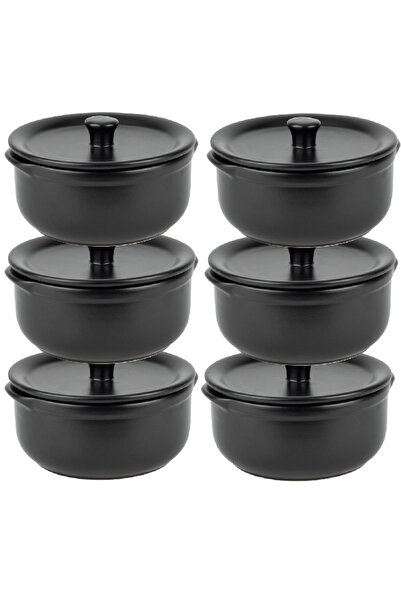 Culinaro Set 6 Vase de copt si servit ceramice cu capac CULINARO, D14xh6,6cm, 600ml, negru mat