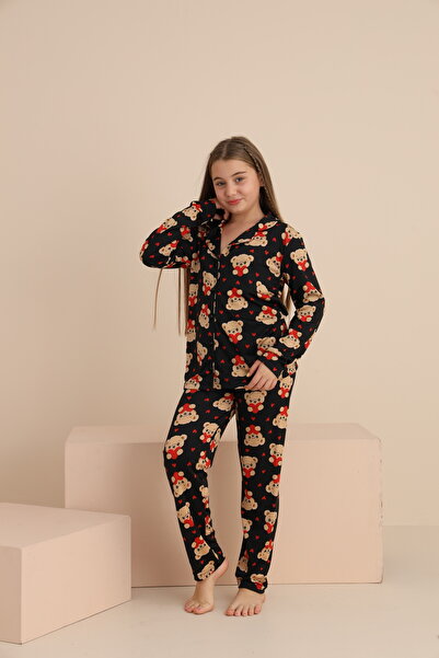 rindahomewear Kız Çocuk Yakalı Önü Düğmeli Pijama Takımı