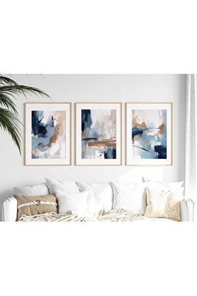 Emoda home Trove مجموعة من 3 لوحات فنية تجريدية باللون الأزرق الداكن، مطبوعة ...