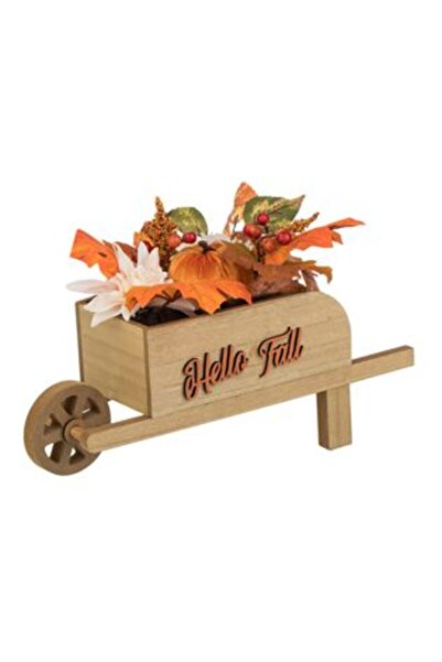 OEMN Autumn Decoration Wooden Cart with Leaves 37.5 x 17 x 23 cm