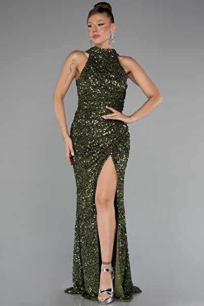 Abiyefon Haki Halter Yaka Bacak Dekolteli Uzun Pullu Abiye ABU5135