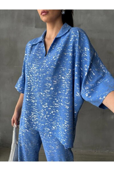 Asil Acar Home Varakli Blue Shirt Pants Set Blue