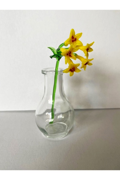 ADAMODART Sarı Melisa Çiçeği El yapımı Dekoratif Cam Biblo Mini Vazolu