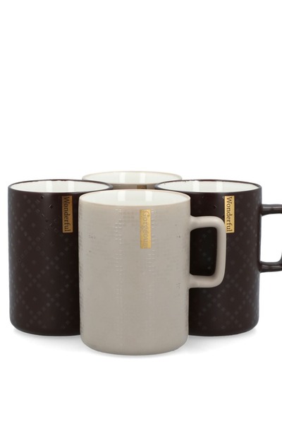 Bien Servi Stylish Design 4-Piece Printed Coffee Mug Set in Black and Grey, 14 oz