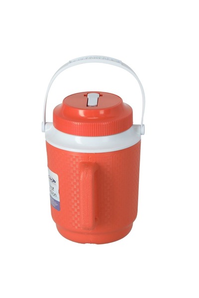 Cosmoplast Top and side handle to keep cool. Red and white 2.1L plastic water cooler.
