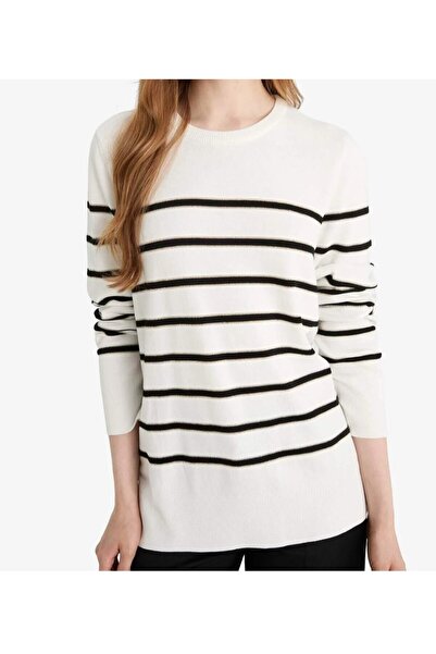 ESNOA Women's Ecru Color Regular Fit Circular Neck Striped Knitwear Sweater