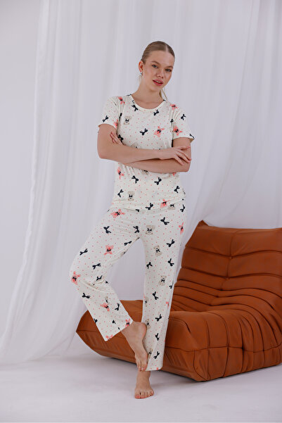 Arvin Pijama Γυναικείο σετ πιτζάμες με κοντό μανίκι με μαλακή υφή με στάμπα λευκού χαρακτήρα