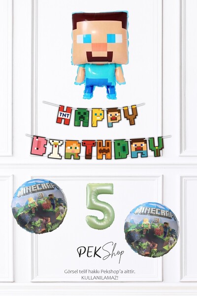 PEKSHOP 5 Yaş Minecraft Tema Steve Balonlu Doğum Günü Balon Seti