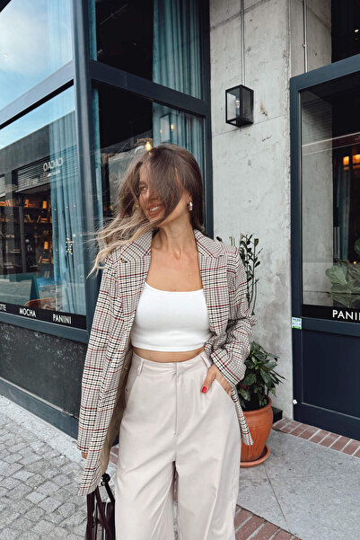 Sue Store Beige Red Plaid Lined Jacket