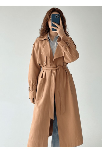 My Blog Salmon Belted Long Trench Coat - 54502
