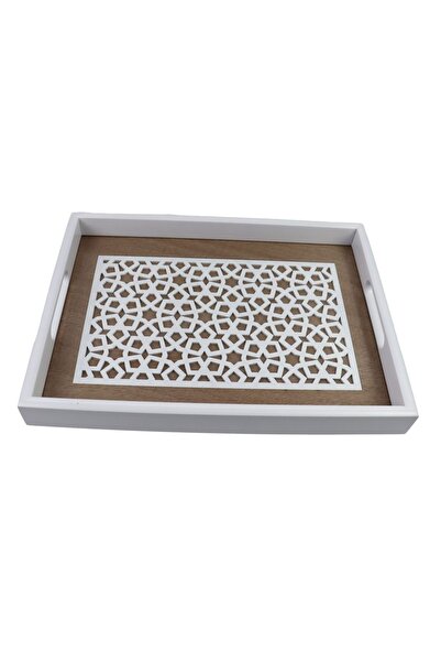 Bien Servi Arabic design rectangular wooden serving tray in white and brown