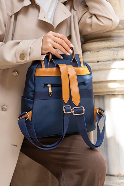grand coco Women's Navy Blue Backpack with Tan Detail